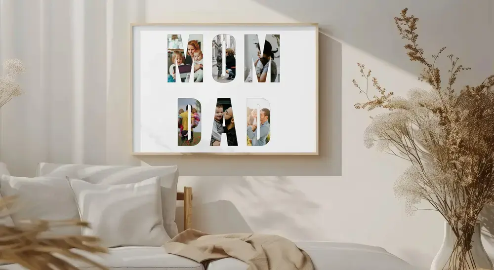 Gift idea for parents: photo letter collage in a light wood frame on a sunlit wall beside dried flowers
