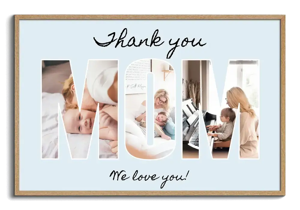 Photo collage for Mom with photo-filled letters, a pale blue background and loving messages in a natural wood frame