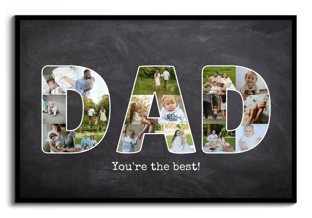 Father’s Day gift: photo letter collage for Dad with a chalkboard-style background in a black frame