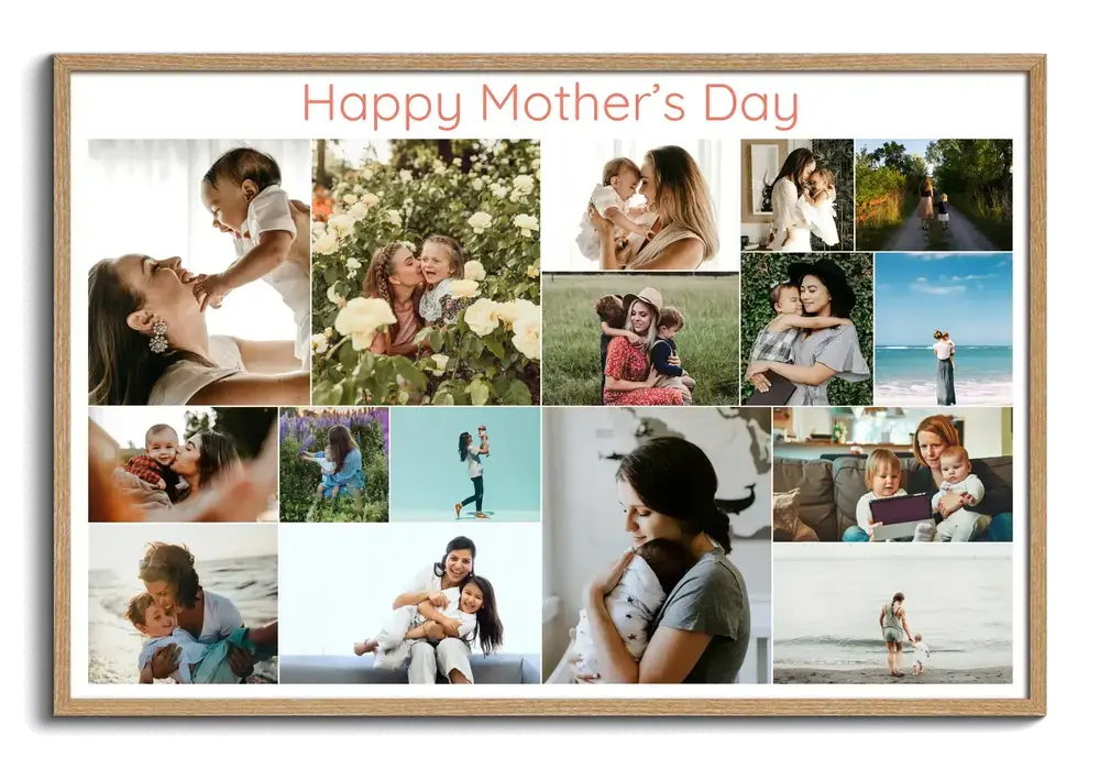 Mother’s Day photo collage in a natural wood frame, with a grid of moms and children and a greeting across the top