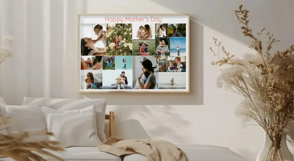 Framed Mother's Day photo collage with mom-and-child pictures and a greeting, displayed on a wall beside dried flowers