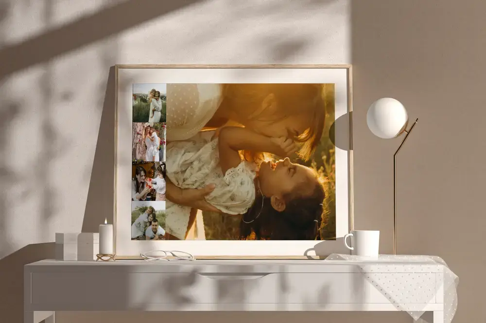 Framed photo collage with a large mother-and-child photo and side strip on a sideboard, a Mother's Day gift