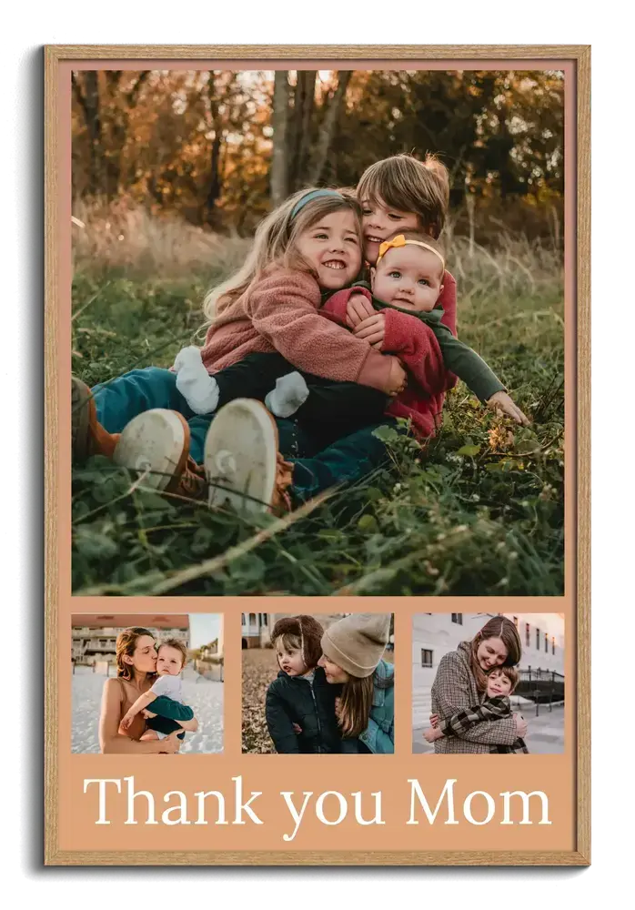 Wood-framed photo collage for Mom with one large family photo, three small photos and a thank-you message