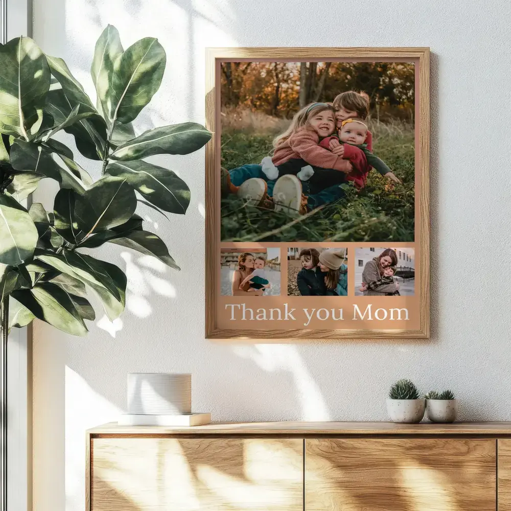 Wood-framed photo collage with four family photos and a thank-you message for Mom, above a cabinet beside a leafy plant