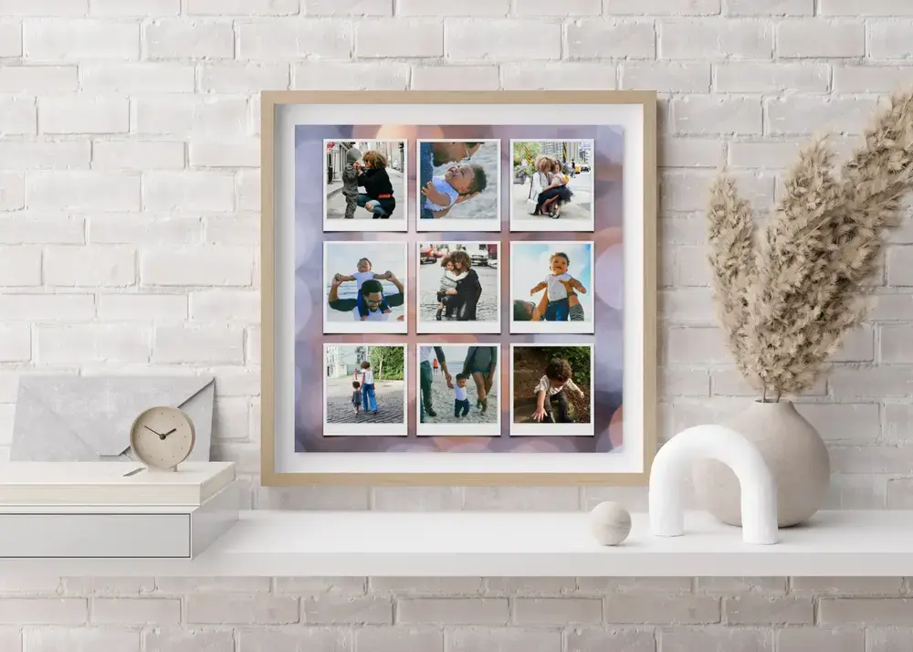 Gift idea for Mom: framed collage of nine Polaroid-style family photos on a shelf against a white brick wall