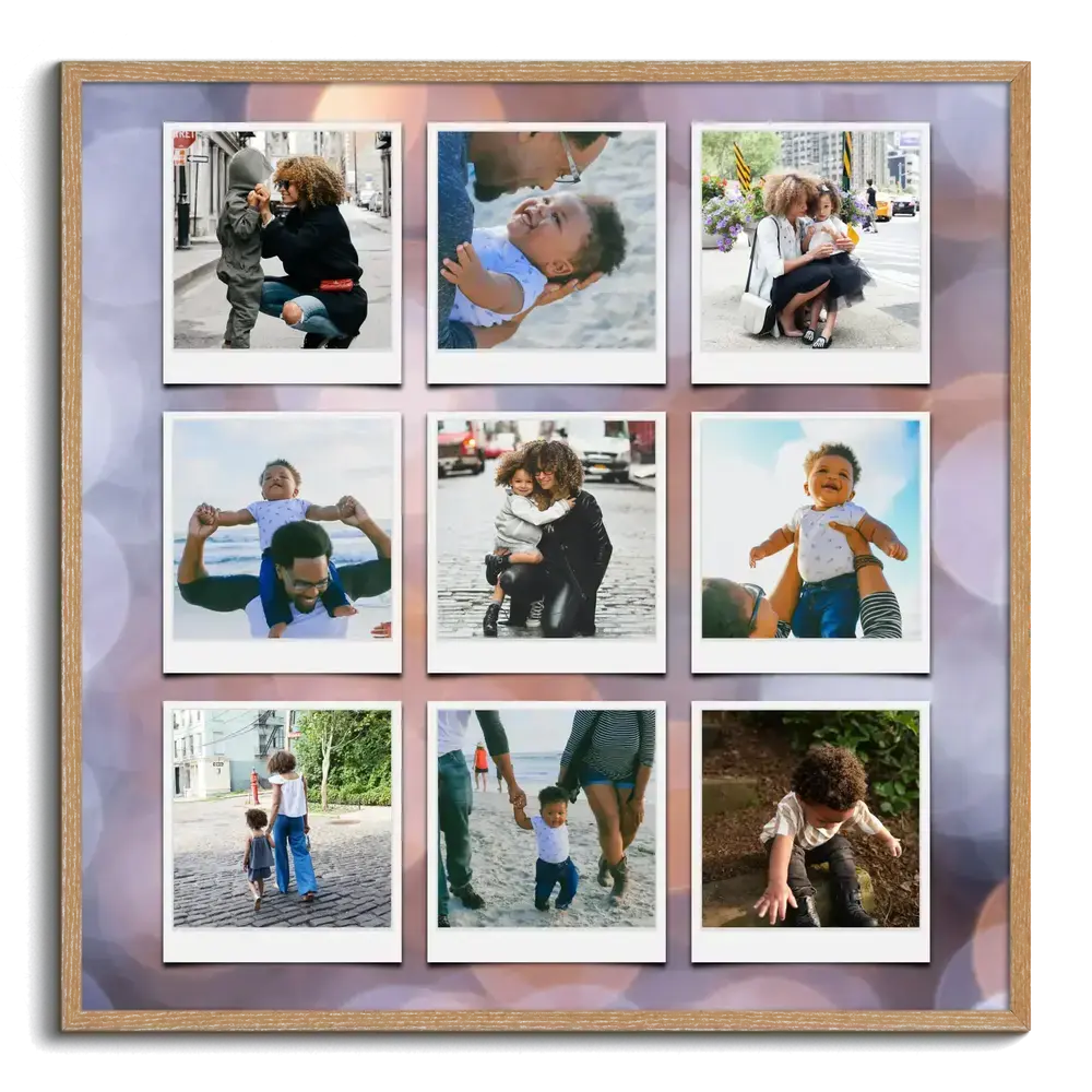 Photo collage in a natural wood frame with nine Polaroid-style family photos on a pastel bokeh background