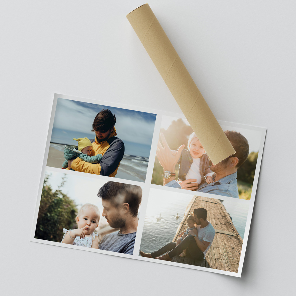 Partly rolled photo collage poster for Dad with four large photos of fathers and children separated by white borders