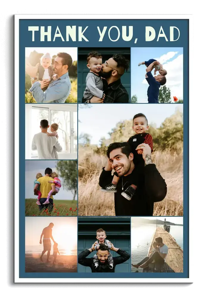 Dad photo collage in a white frame, with nine father-and-child photos and a thank-you message on a blue-gray background