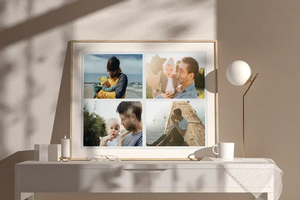 Framed four-photo collage of dads with their children on a sunlit sideboard, a Father's Day gift idea