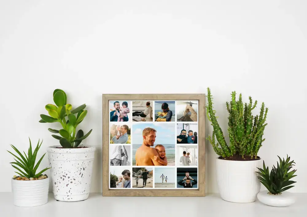Framed photo collage with a large central dad-and-child photo among potted plants, a personal gift for Dad
