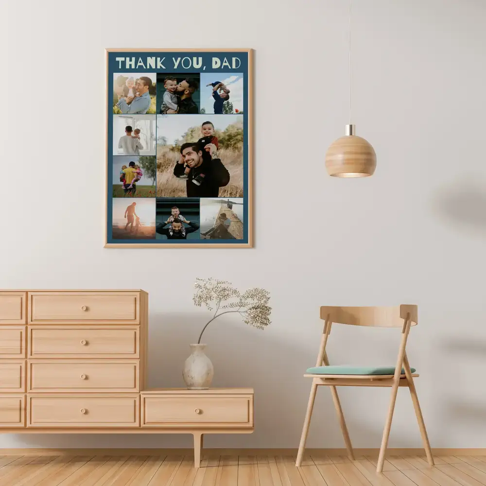 Father-and-child photo collage in a natural wood frame above a dresser, a heartfelt gift for Dad