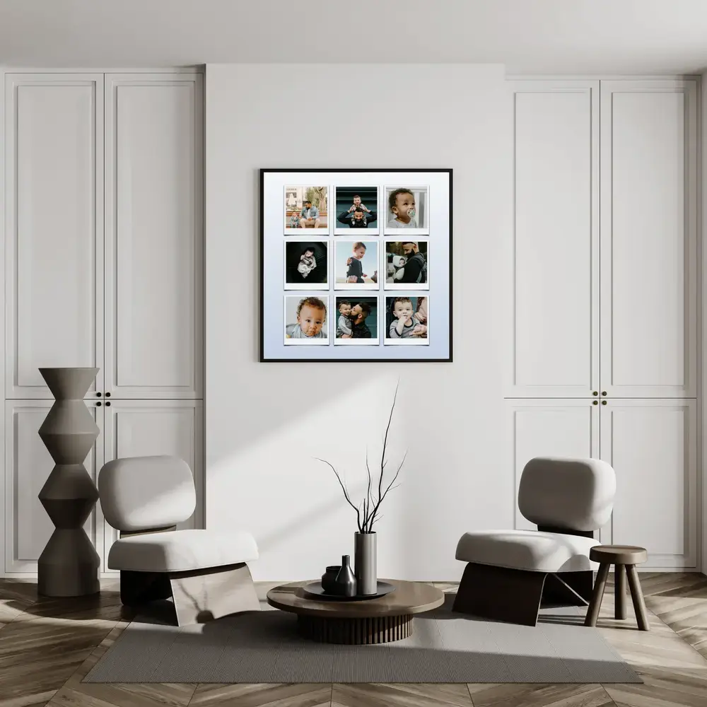 Black-framed collage of nine family photos on a living room wall, a personalized Father's Day gift