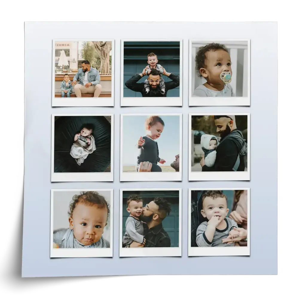 Photo collage poster with nine Polaroid-style photos of Dad and kids on a pale blue gradient