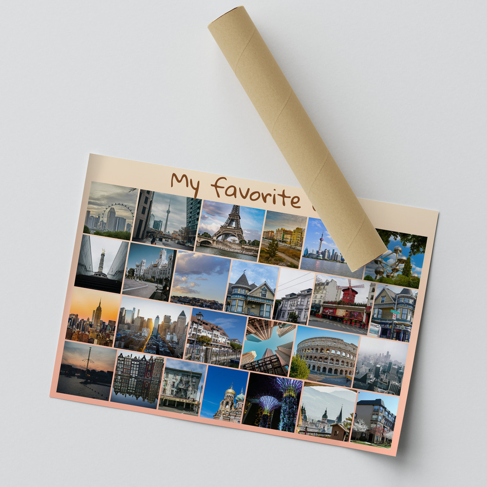 Partly rolled photo collage poster with colorful city landmarks and a custom heading, a gift for a travel buddy