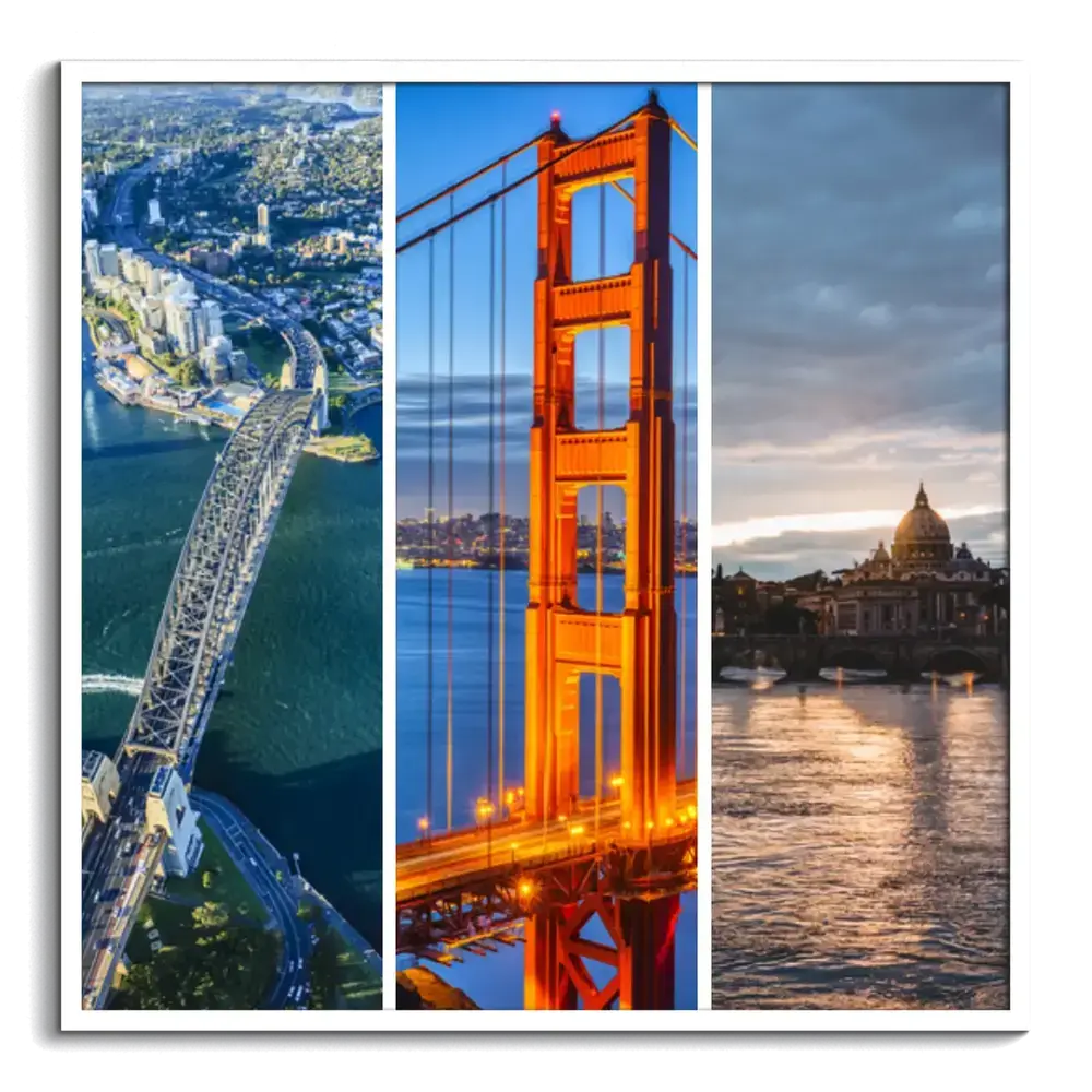 Travel photo collage with three vertical city views in a white frame, a gift for travel lovers