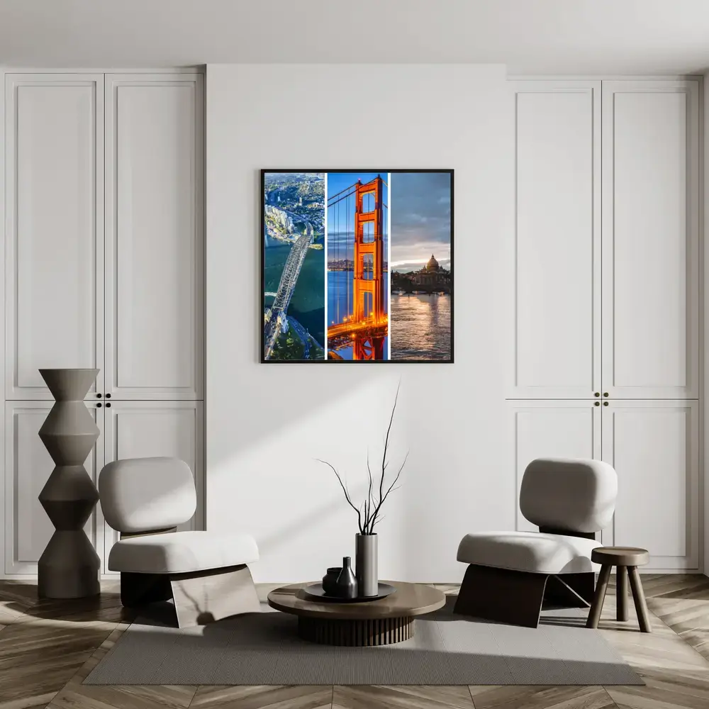 Travel photo collage with three vertical city views and the Golden Gate Bridge on a bright living room wall