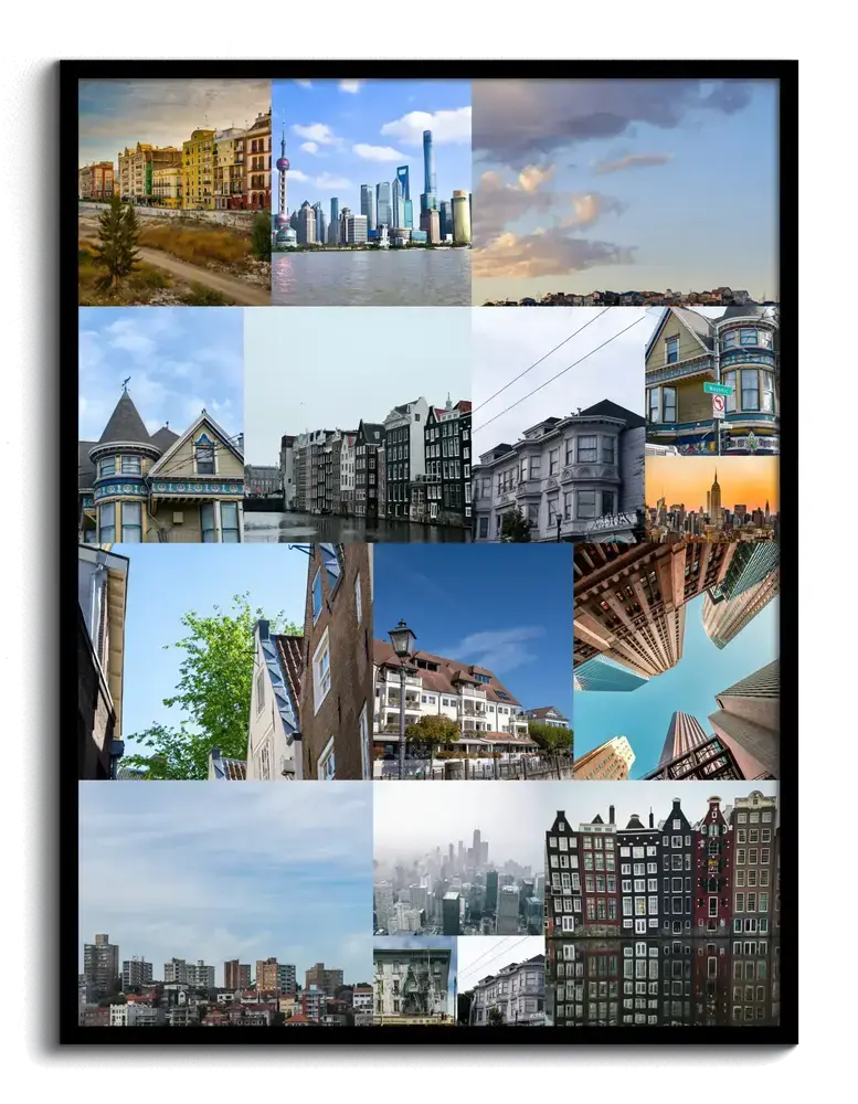 Travel photo collage with city skylines and landmarks in varied-size tiles, displayed in a black frame