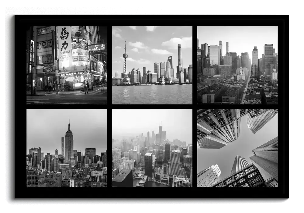 Black-framed photo collage with six black-and-white city skyline and skyscraper photos in a grid