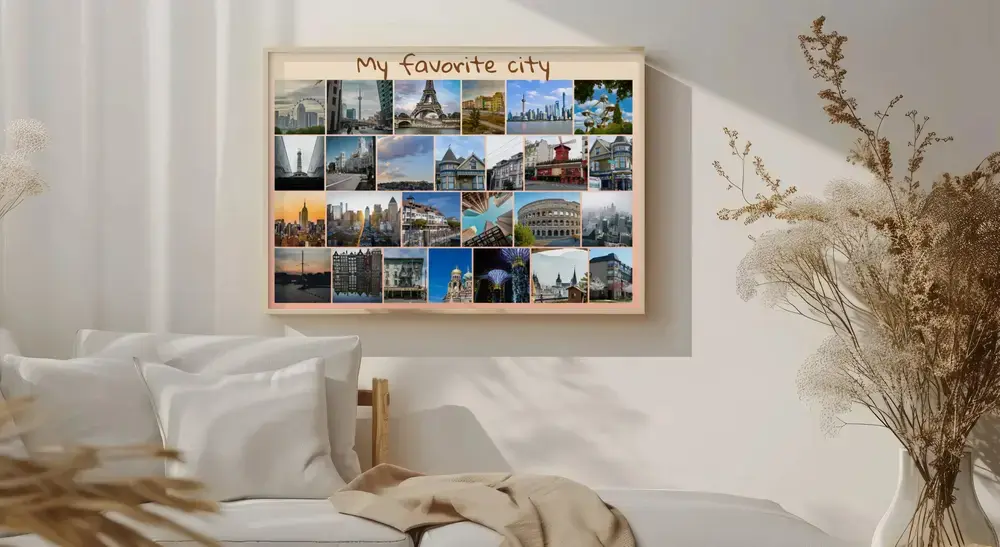 Framed travel photo collage with city landmarks and custom text above a bed, a keepsake gift for travel lovers