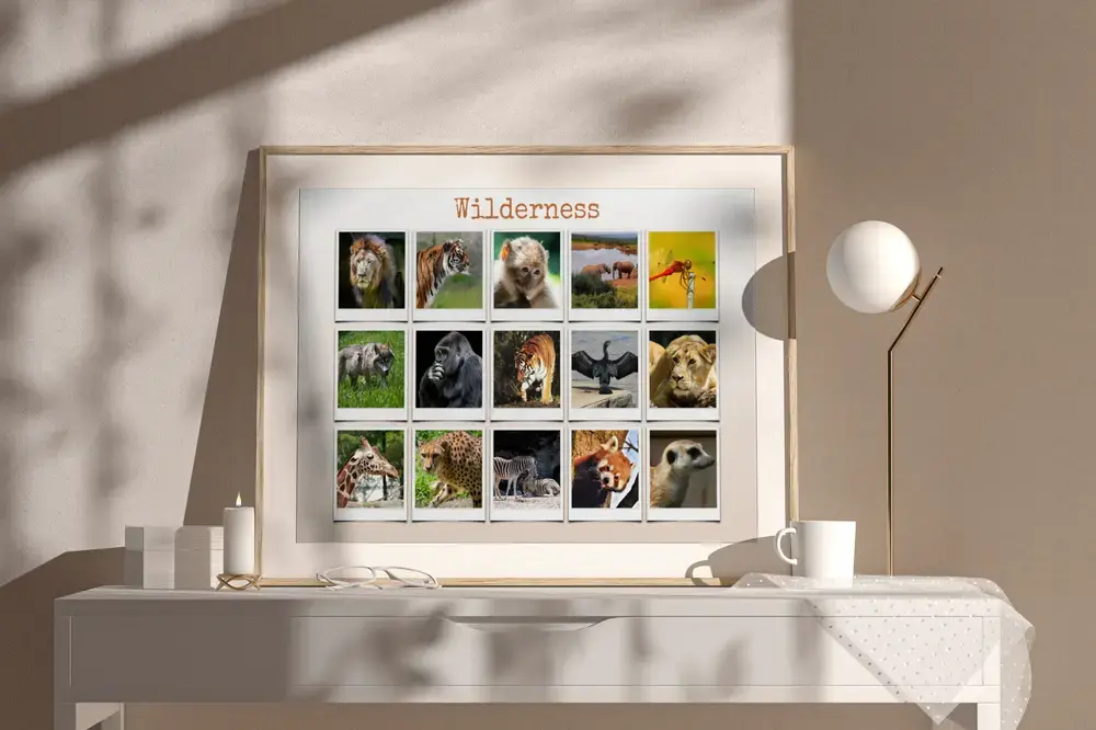 Polaroid-style wildlife photo collage with a custom heading in a light wood frame on a white sideboard