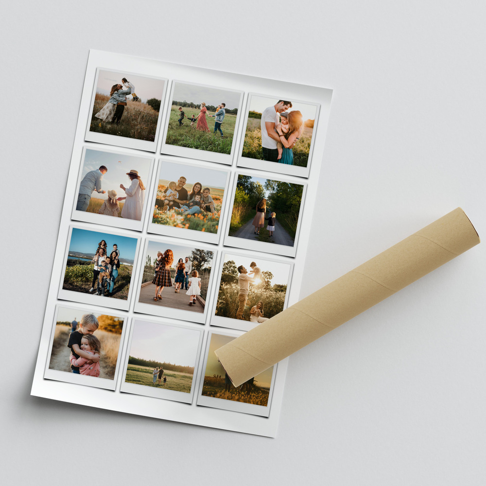 Family photo collage poster with twelve Polaroid-style prints in a white grid, beside a shipping tube
