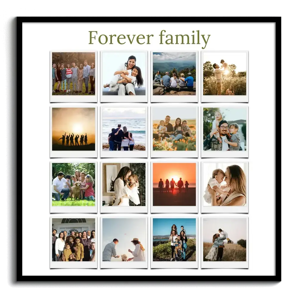 Family photo collage with 16 Polaroid-style photos in a black frame, with a heading above the grid