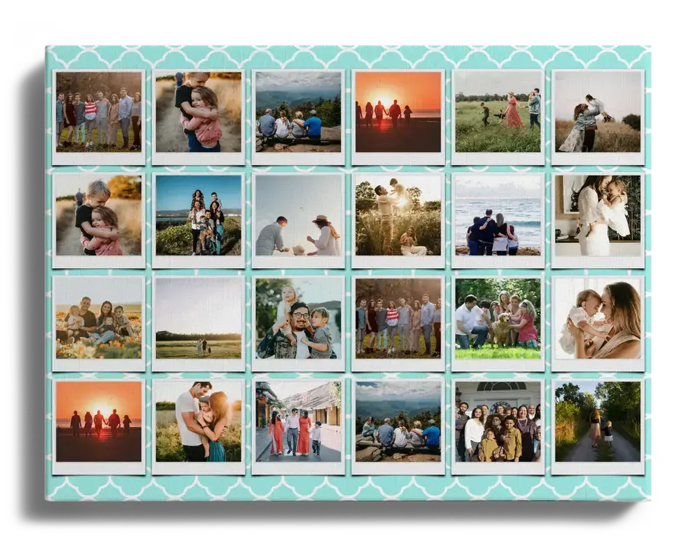 Family photo collage on canvas with 24 Polaroid-style photos and a turquoise pattern, a thoughtful family gift