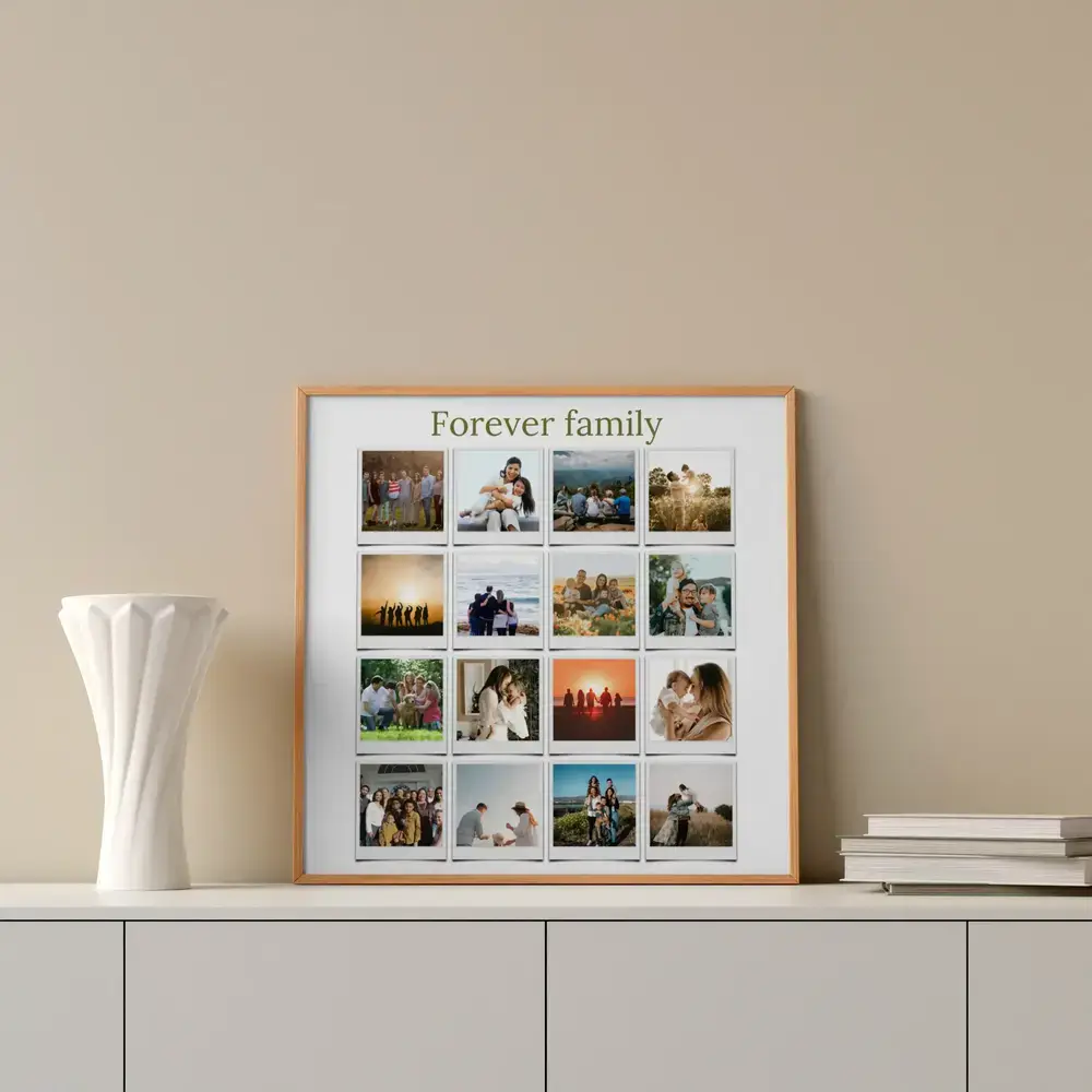 Polaroid-style family photo collage in a natural wood frame on a white sideboard beside a vase and books