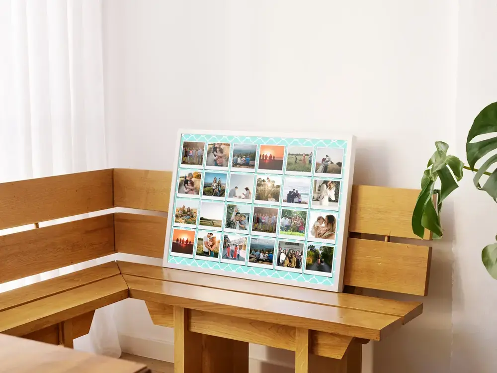 Family collage with 24 Polaroid-style photos on a turquoise patterned background, displayed on a wooden corner bench