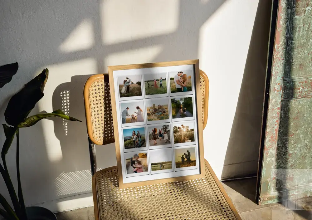 Polaroid-style family photo collage in a natural wood frame on a cane chair, a thoughtful gift for the family