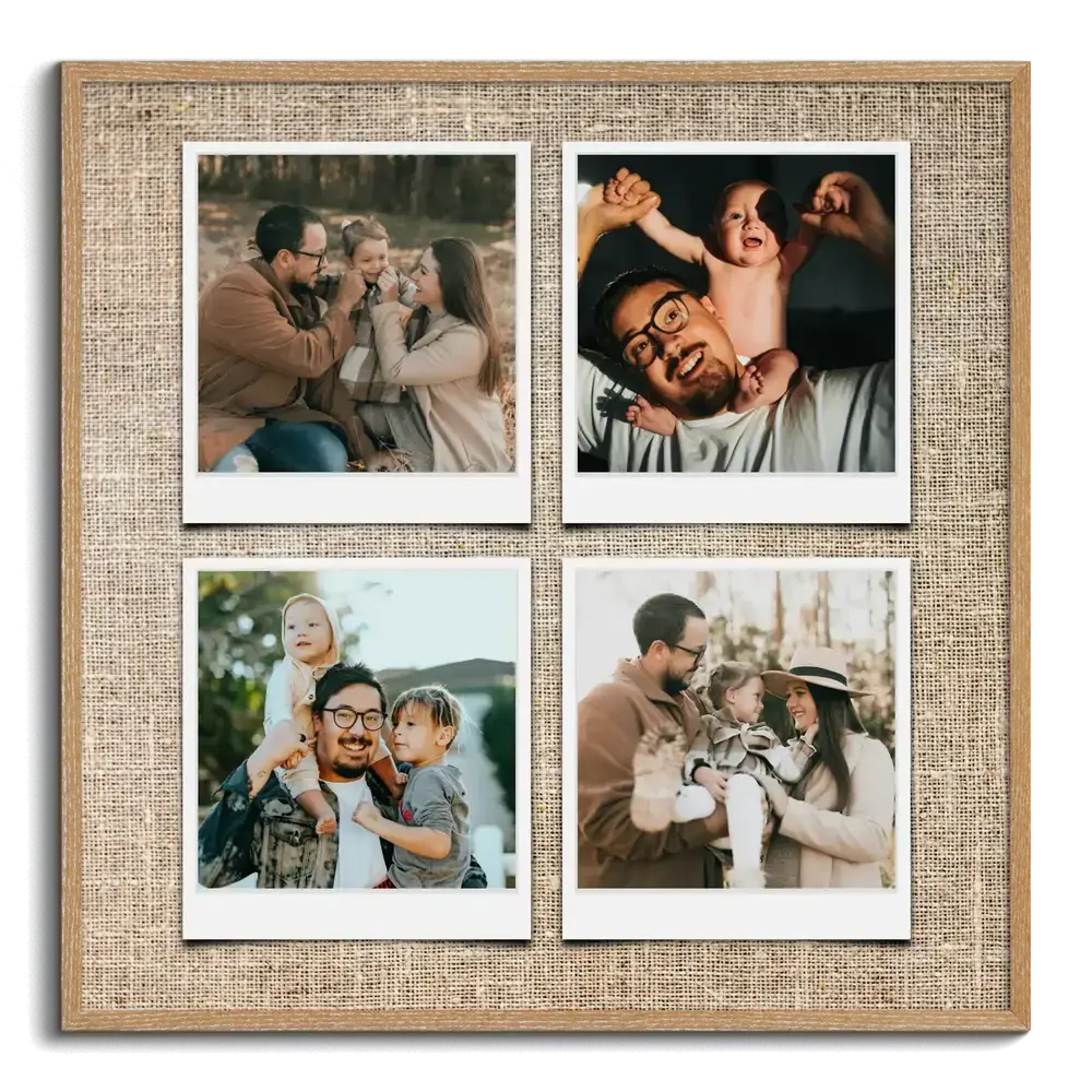 Four Polaroid-style family photos on a linen-look background in a wood frame, a personalized gift for the family