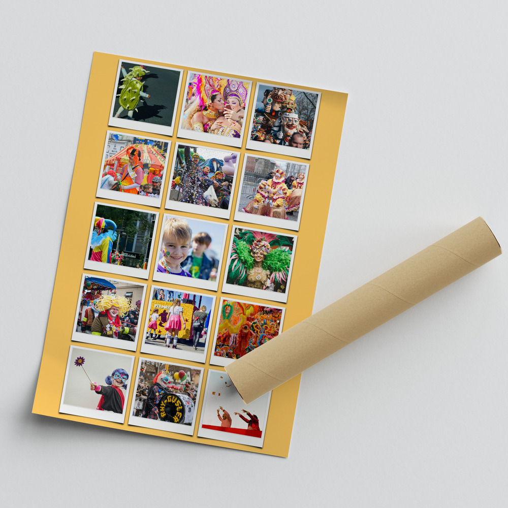 Carnival photo collage poster with 15 Polaroid-style photos on a yellow background, beside a mailing tube