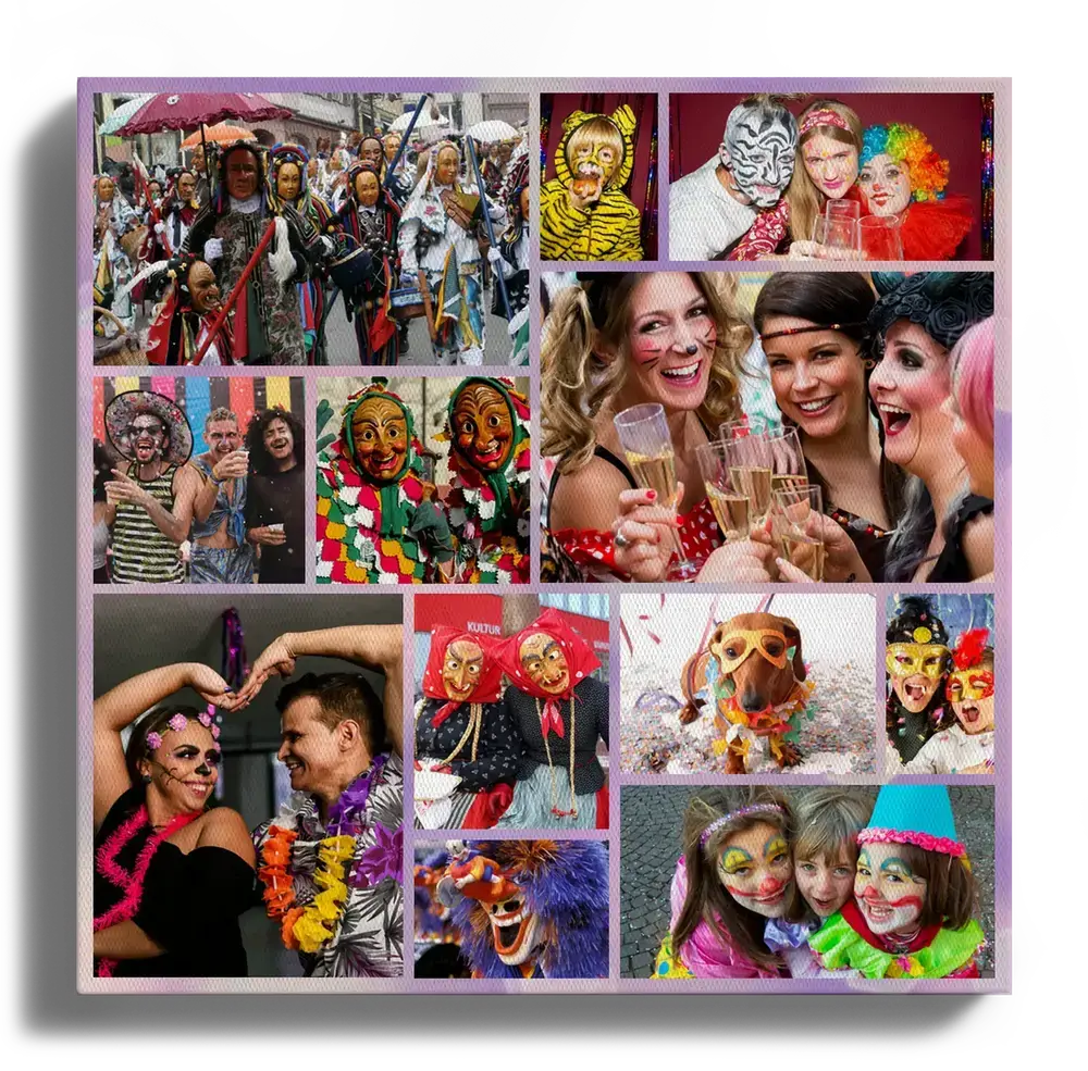 Portrait canvas photo collage with carnival costumes, masks and face-painted children in a varied grid