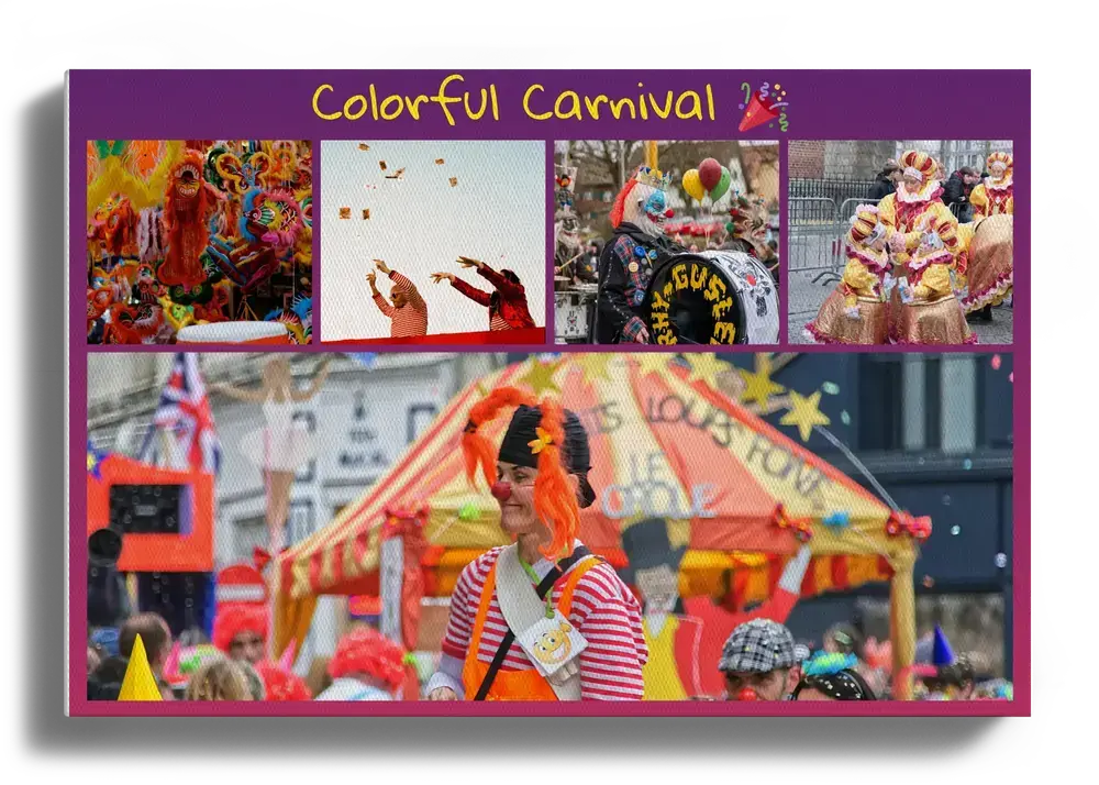Carnival photo collage on canvas with parade photos and a custom heading on purple, a gift for carnival fans