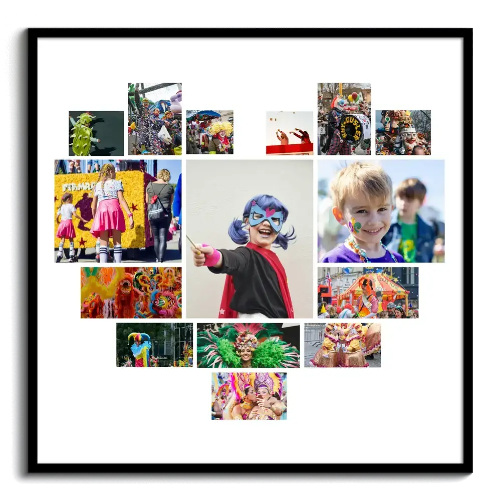 Heart-shaped Carnival photo collage with costumes and face-painted children on white, displayed in a black frame