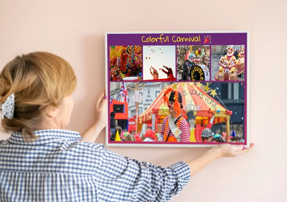 Carnival photo collage with colorful parade scenes and a custom heading on purple, displayed on a pale wall