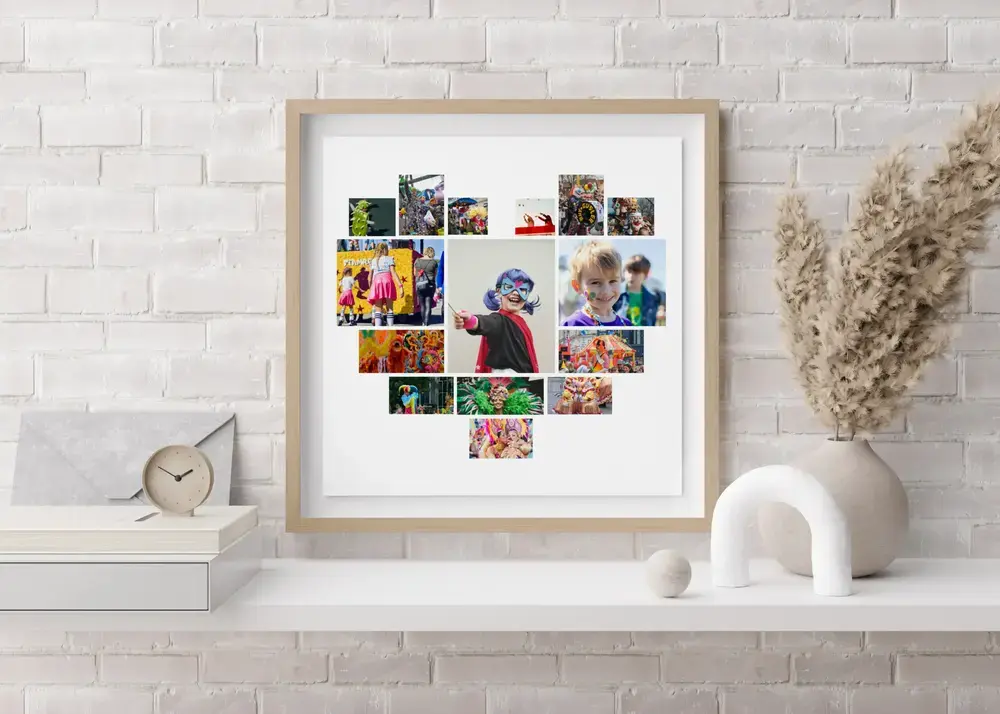 Heart-shaped Carnival photo collage in a natural wood frame on a white sideboard, a keepsake gift for the family