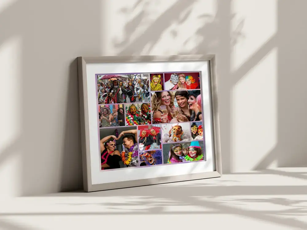 Framed carnival photo collage resting on the floor in a sunlit room, a personalized gift for carnival lovers
