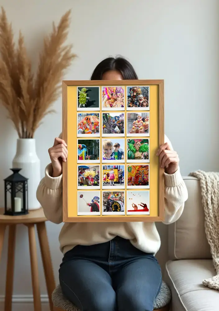 Framed carnival photo collage on yellow, displayed in a living room as a gift idea for carnival lovers