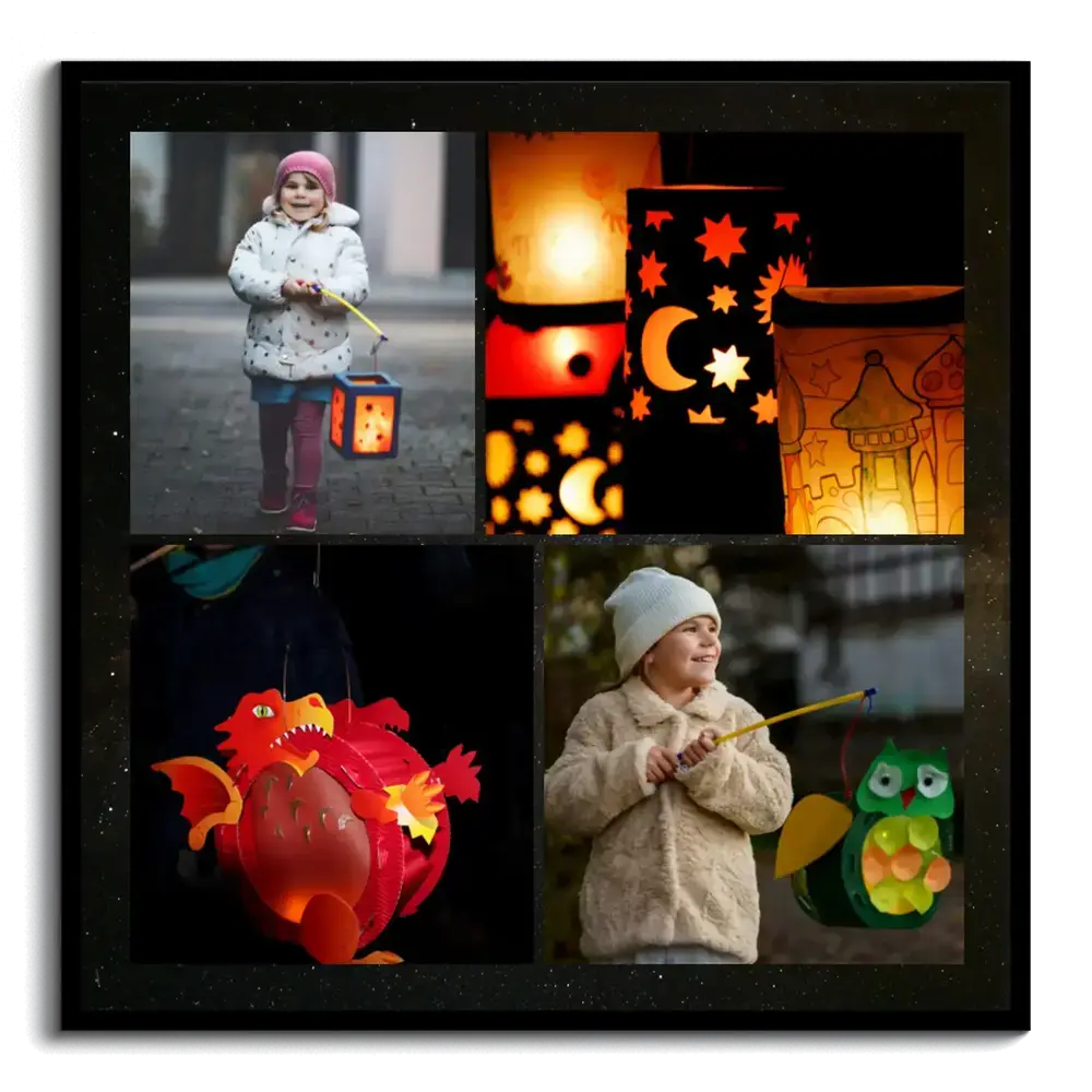 Black-framed photo collage with four photos of children and colorful lanterns against a dark background
