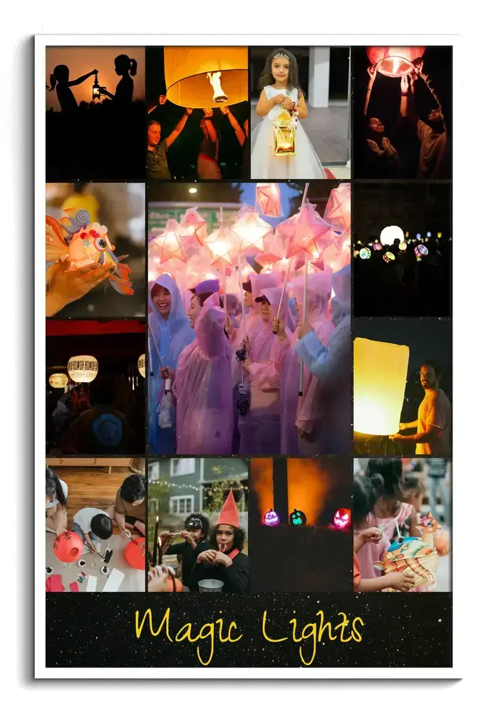 Vertical lantern parade photo collage in a white frame, with a large central photo and yellow script on black