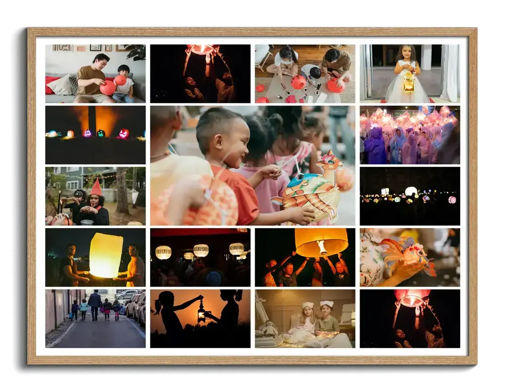 Landscape photo collage of lantern parade memories with a large center photo and white borders in a natural wood frame