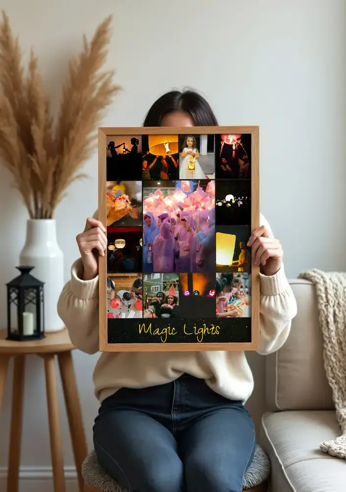Lantern parade photo collage with custom text in a natural wood frame, displayed by a beige sofa in a living room
