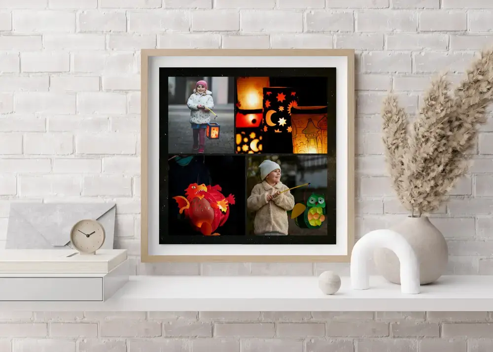 Framed four-photo lantern collage above a white sideboard, a personalized gift for grandparents