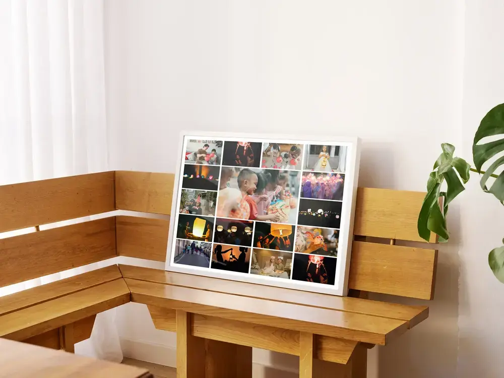 White-framed lantern parade photo collage with a large center photo resting on a wooden bench, a family keepsake gift
