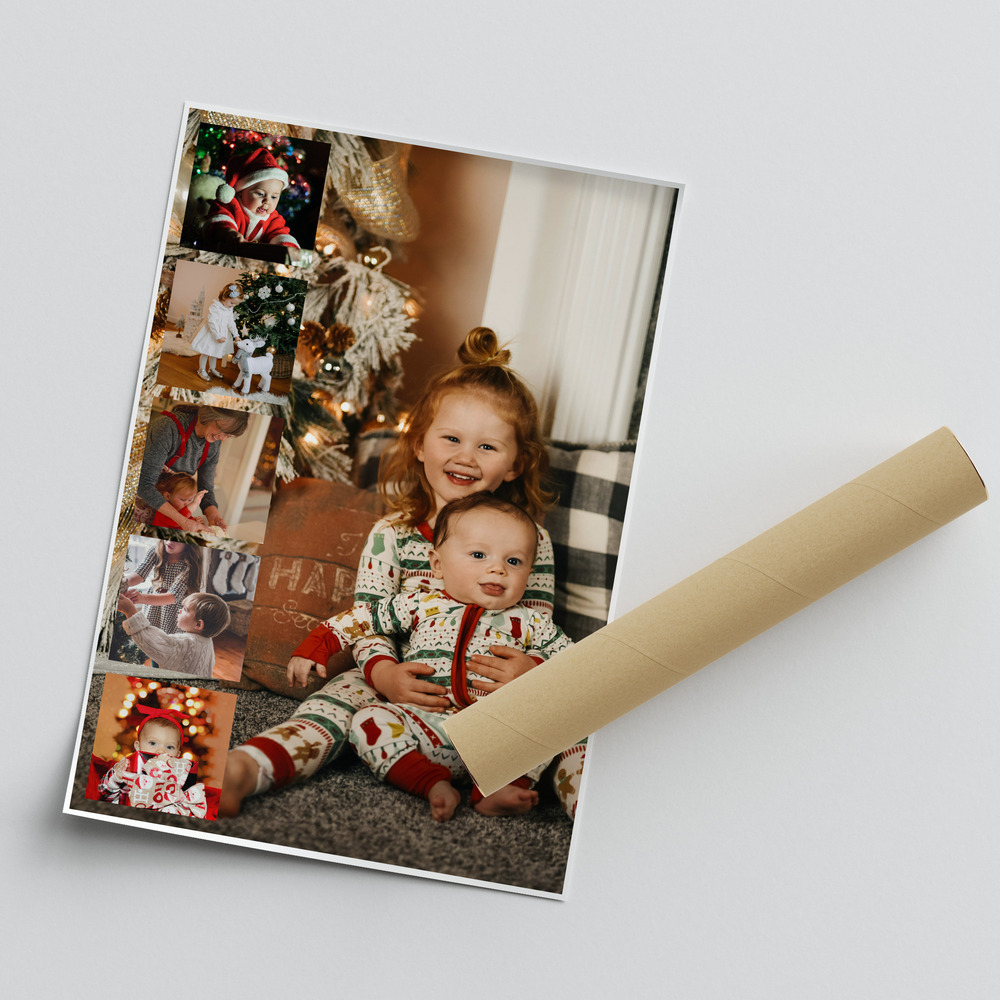 Christmas photo collage gift: poster with a large photo of children and a side photo strip beside a mailing tube