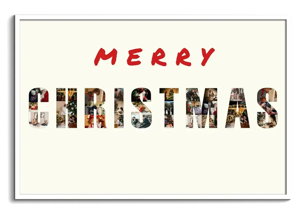 Christmas photo collage with family photos filling large letters and a red holiday greeting, displayed in a white frame