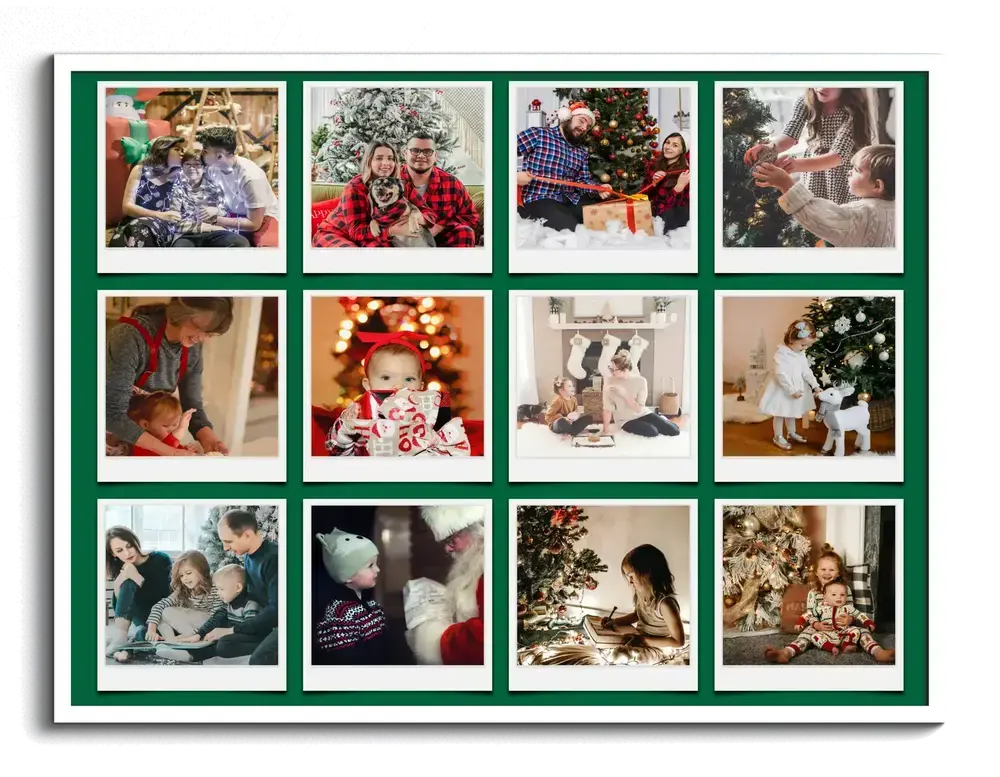 Christmas photo collage with twelve Polaroid-style family photos on a dark green background in a white frame