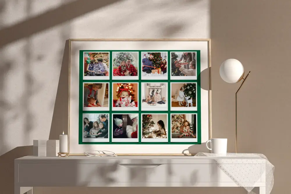 Family Christmas gift: photo collage with twelve Polaroid-style photos on green, in a wood frame on a sideboard