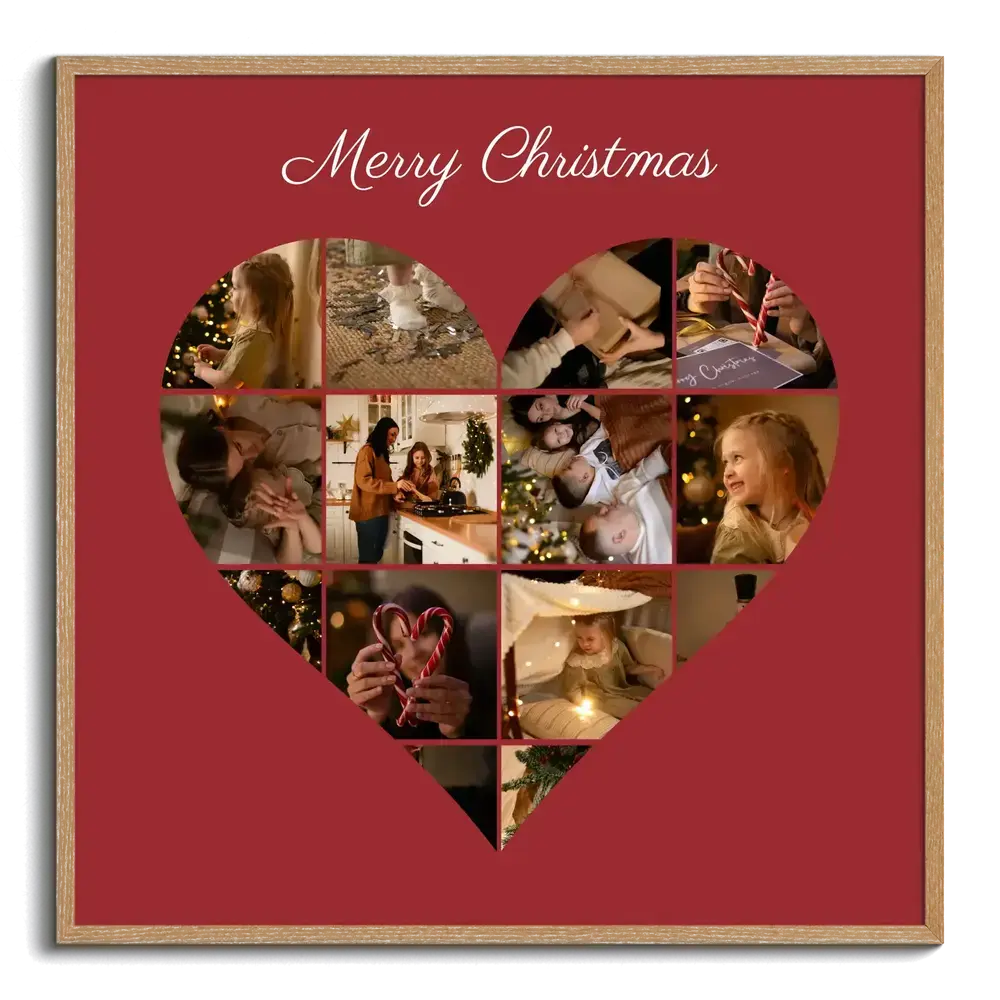 Christmas photo collage with family photos in a heart on a deep red background, framed in natural wood